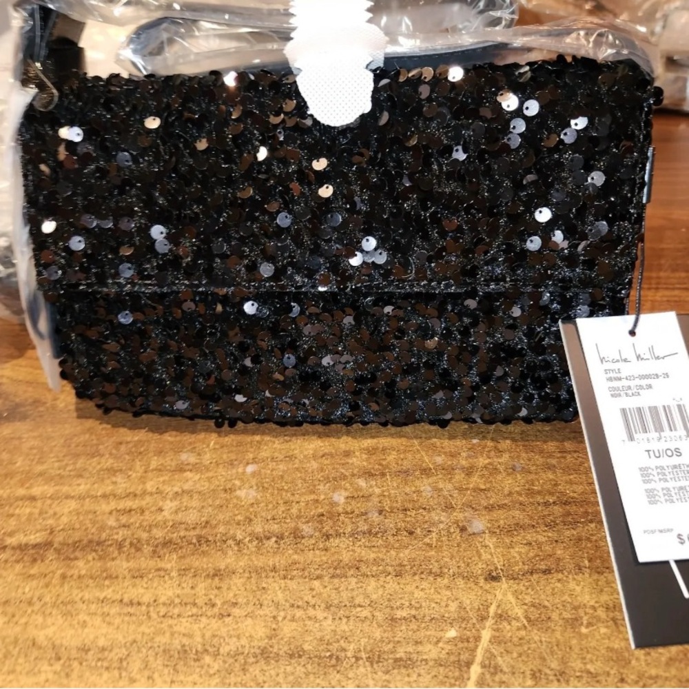 NWT- Nicole Miller- Black Sequin Evening Bag